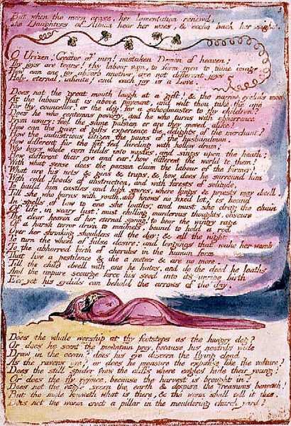 Albionin tyttärien visiot: "Mutta kun kuu nousi...", levy 7, suunniteltu vuonna 1793, valmistunut n. 1815 (reliefisyövytys kynällä ja vesivärillä paperille) tekijältä William Blake