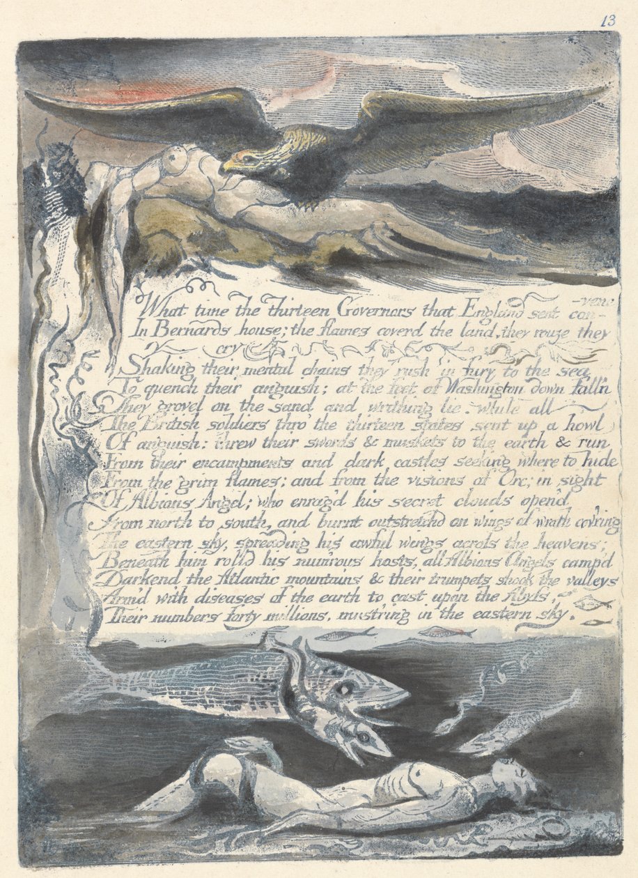 "Mihin aikaan kolmetoista kuvernööriä...", levy 15 julkaisusta "America: A Prophecy" tekijältä William Blake