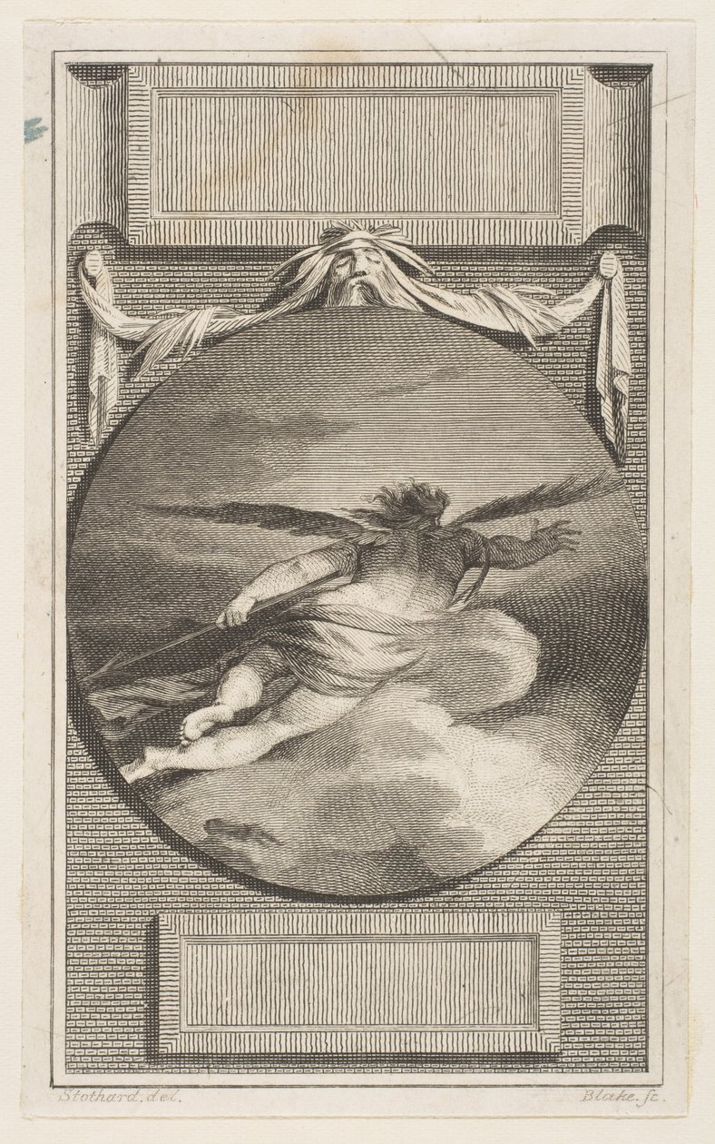Siivekäs hahmo lentää pilvien läpi, n. 1780-87. tekijältä William Blake