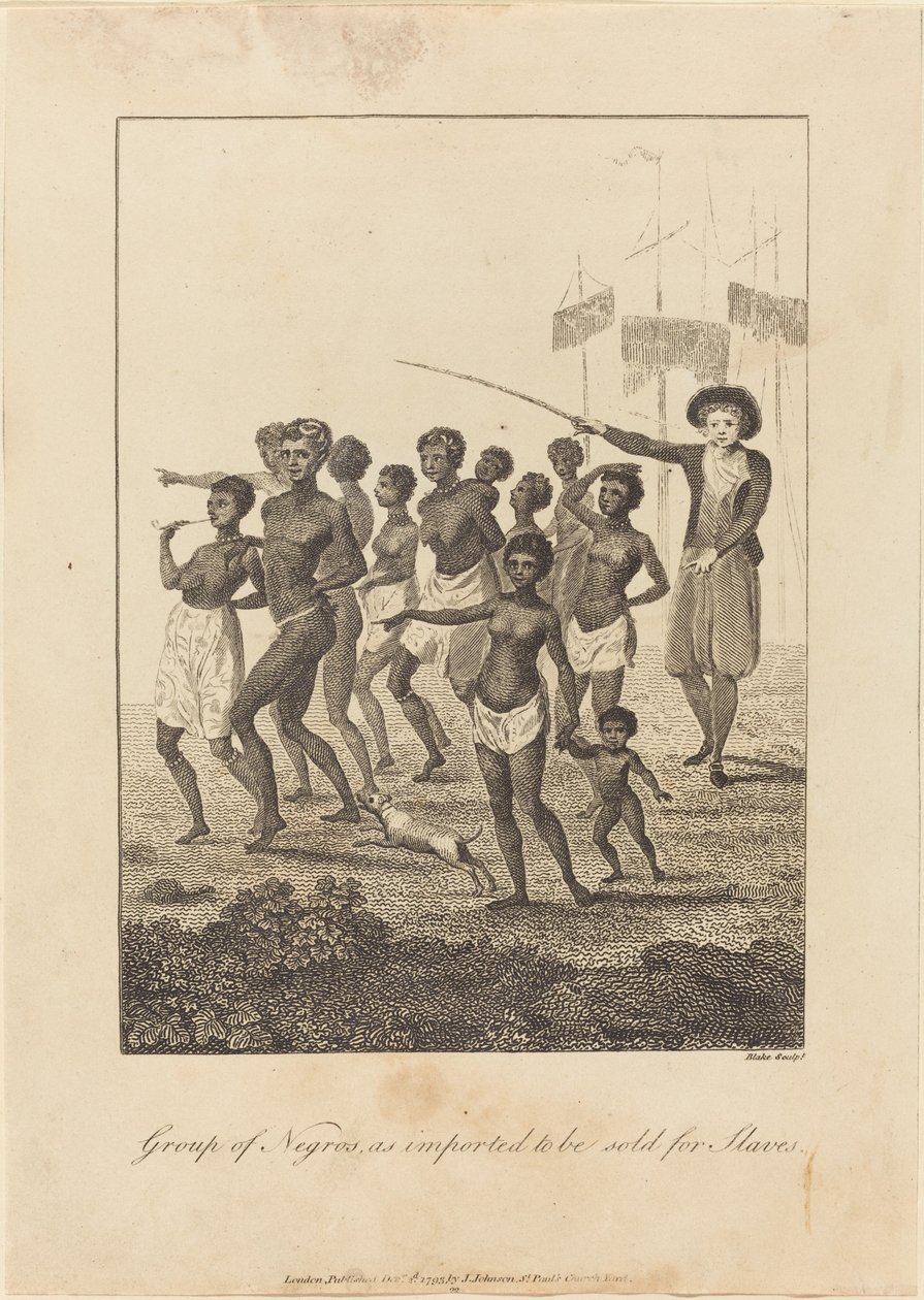 Group of Black, kuten tuotu myydään orjille tekijältä William Blake after John Gabriel Stedman