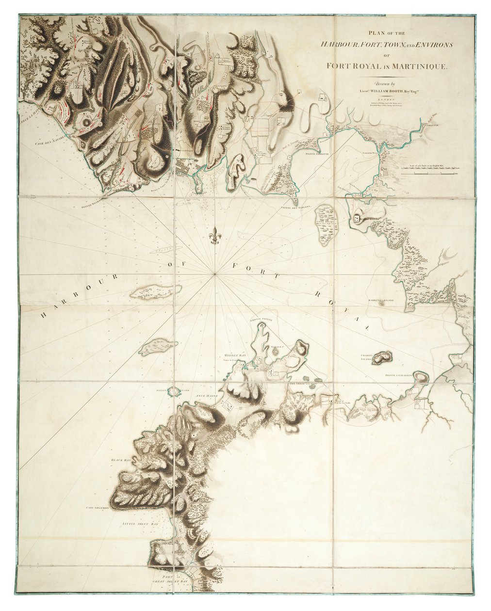 Suunnitelma Fort Royalin satamasta, linnakkeesta, kaupungista ja sen ympäristöstä Martiniquella. tekijältä William Booth