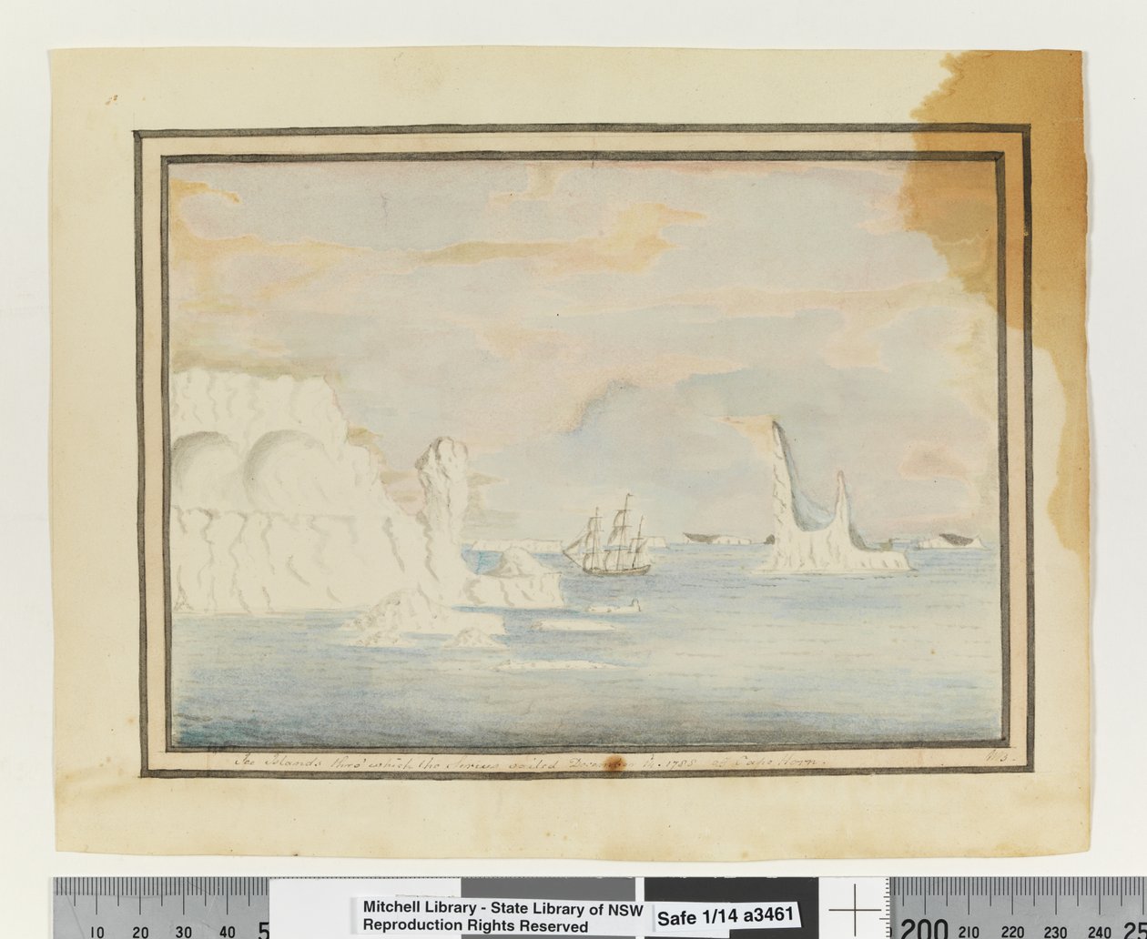 Opp. s. 150. "Ice Islands thro", jolla Sirius purjehti 14. joulukuuta 1788 Cape Hornin edustalla, n. 1802 (akvarelli) tekijältä William Bradley