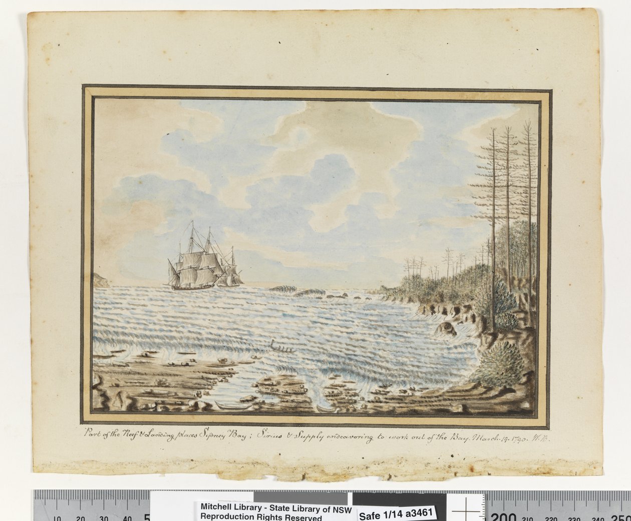 Opp. p. 194. "Osa riutta & Landing paikkoja Sydney Bay; Sirius & Supply yrittää työskennellä lahden ulkopuolella. 19. maaliskuuta 1790
