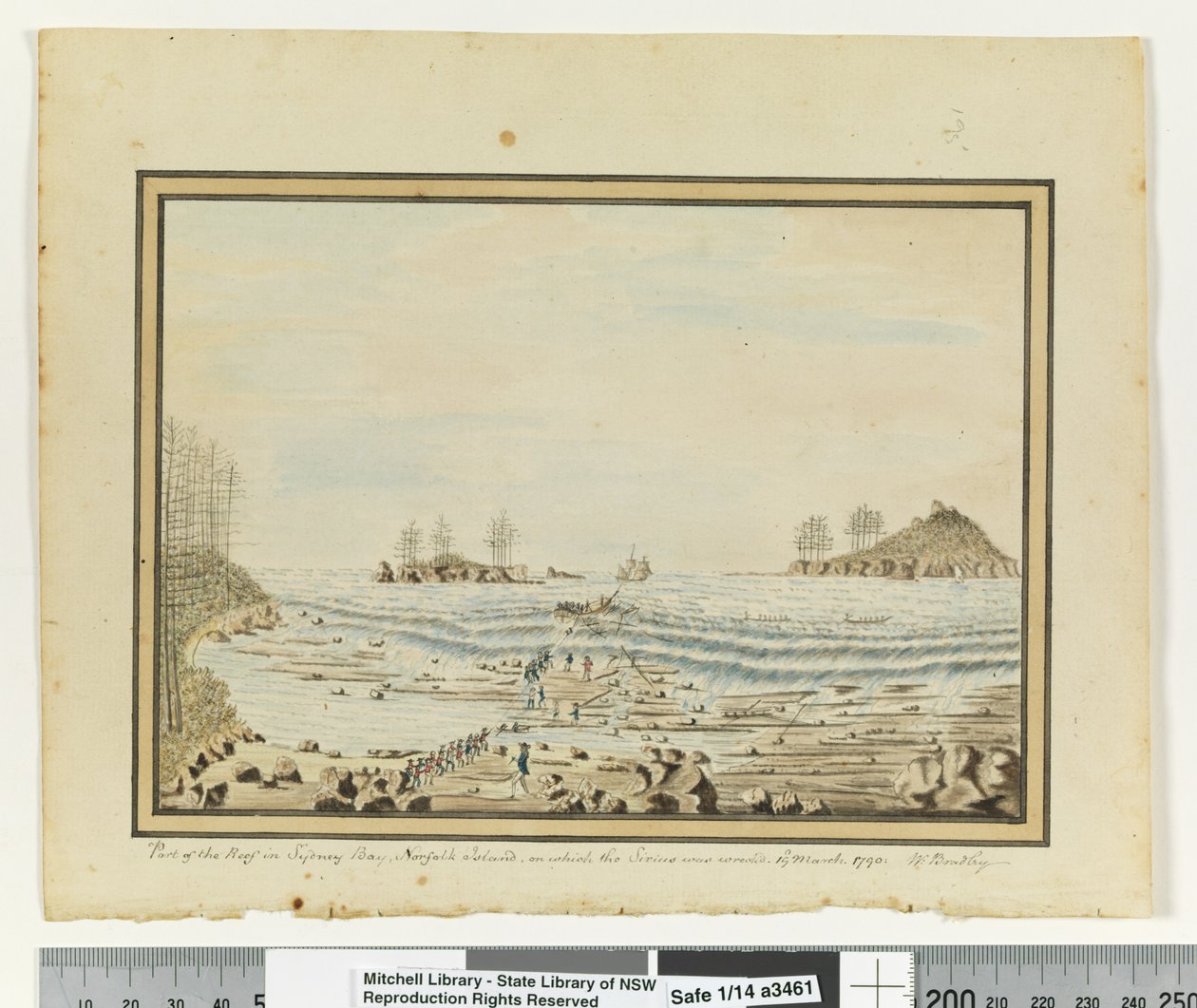 Opp. p. 195. "Osa riutta Sydney Bayssä Norfolk Islandilla, jolle Sirius haaksirikkoutui." 19. maaliskuuta 1790.