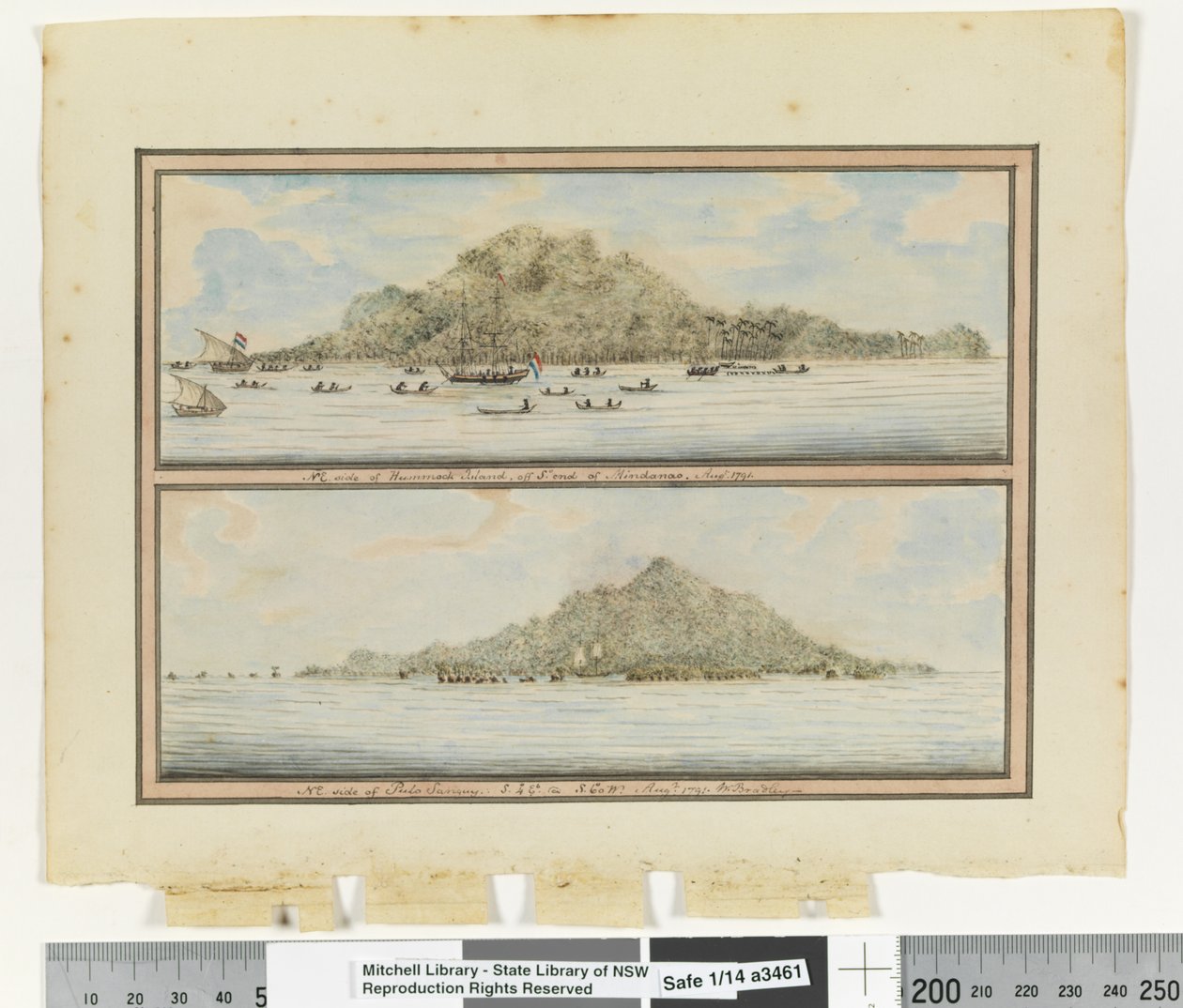 Opp. s. 276. `NE. Hummock Islandin puolella, Mindanoon Sn-päässä. elokuu 1791" ja "NE. Pulo Sanguyn puolella. S. 4 astetta Et S. 60 astetta länteen elokuu 1791