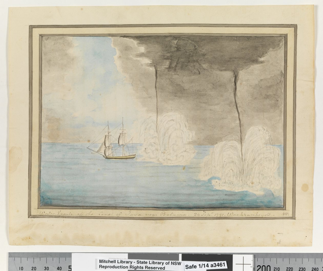 Opp. s. 290. `Vesi juoksee Jaavan rannikolla lähellä Batavaiaa. 24. syyskuuta 1791. Waakzamheydt, n. 1802 (akvarelli) tekijältä William Bradley