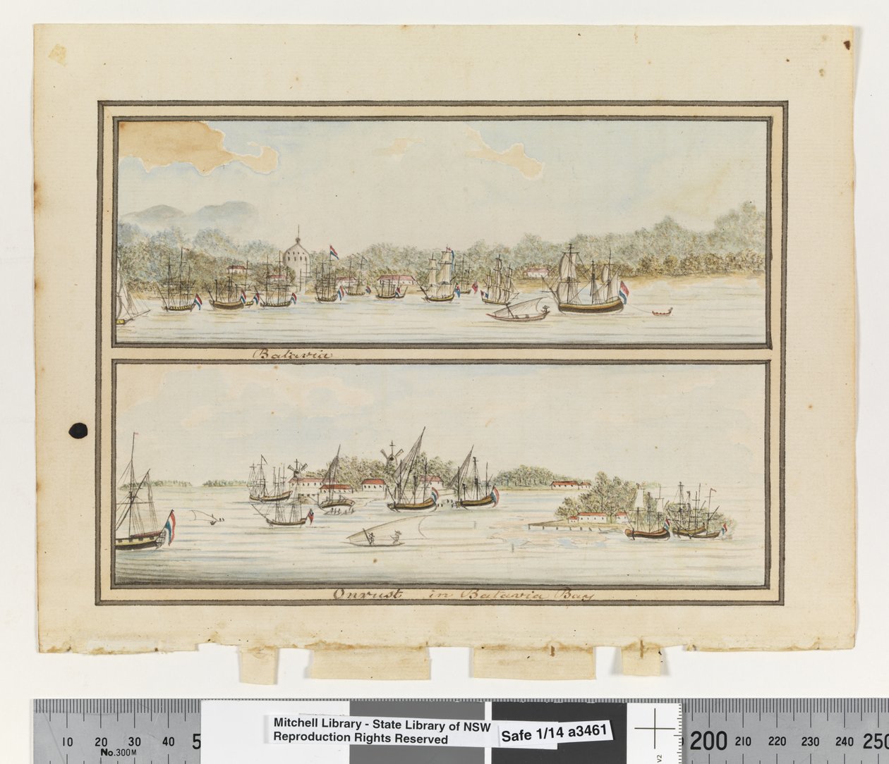 Opp. p. 292. "Batavia" ja "Onrust in Batavia Bay", n. 1802 (akvarelli) tekijältä William Bradley