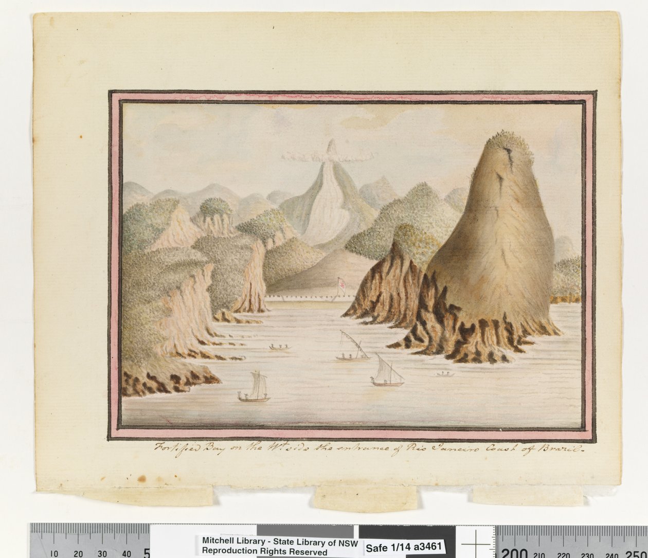 Opp. s. 38. "Liikennelahti Brasilian Rio Janeiron rannikon sisäänkäynnin Wt-puolella", n. 1802 (akvarelli) tekijältä William Bradley