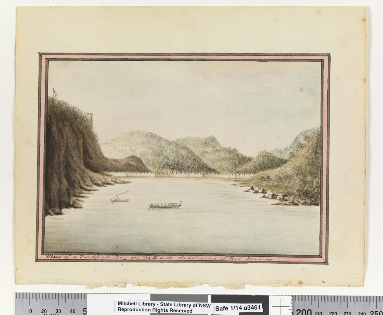 Opp. s. 39. "Näkymä linnoitettuun lahteen Rio Janeiron sisäänkäynnin itäpuolella", n. 1802 (akvarelli) tekijältä William Bradley