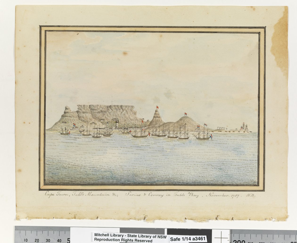Opp. s. 46. `Kapkaupunki, Pöytävuori jne. Sirius & Convoy Table Bayssä marraskuussa. 1787