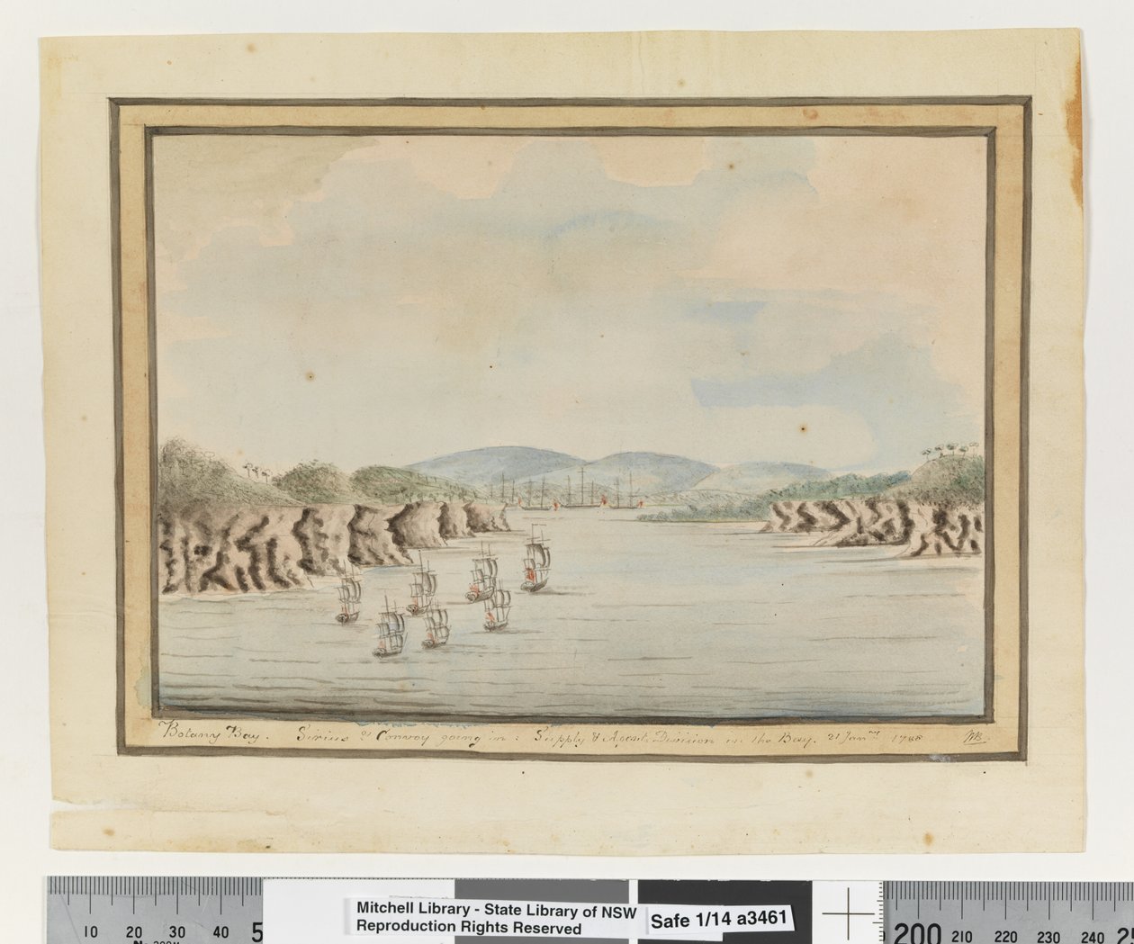 Opp. s. 56. `Kasvitieteellinen lahti. Sirius & Convoy tulossa: Supply & Agents Division in the Bay. 21. tammikuuta 1788, n. 1802 (akvarelli) tekijältä William Bradley