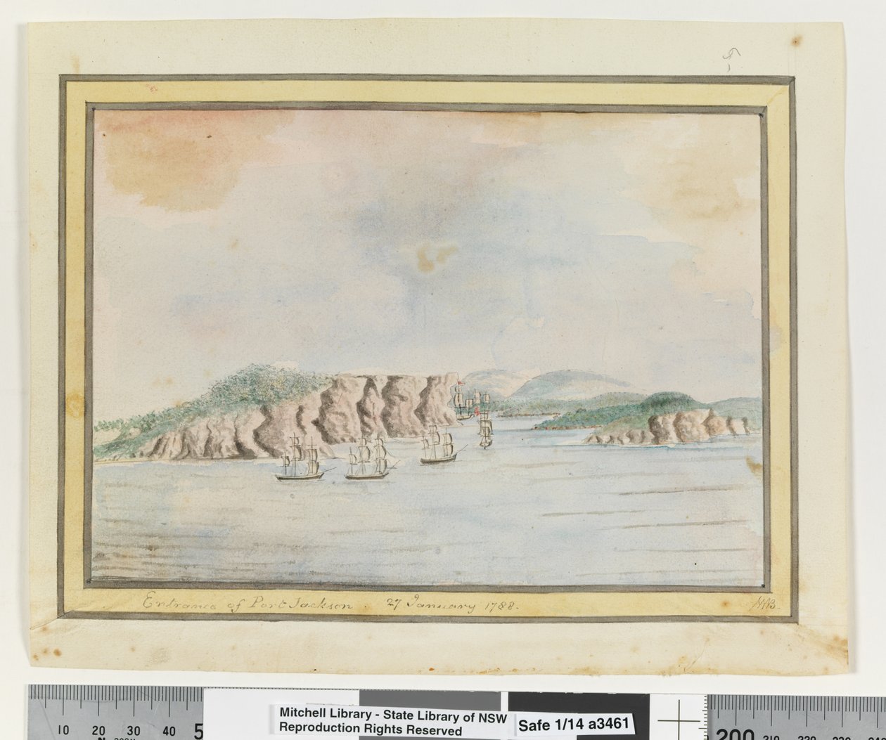 Opp. s. 65. "Port Jacksonin sisäänkäynti 27. tammikuuta 1788", n. 1802 (akvarelli) tekijältä William Bradley