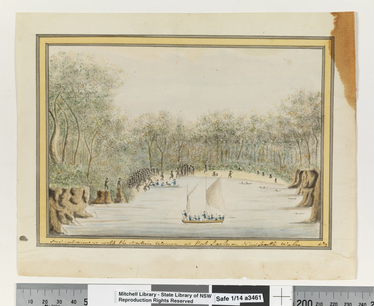 Opp. s. 70. "Ensimmäinen haastattelu Native Womenin kanssa Port Jackson New South Walesissa", n. 1802 (akvarelli) tekijältä William Bradley