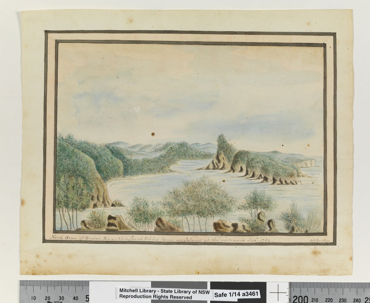 Opp. p. 92. "Broken Bayn New South Walesin pohjoinen käsivarsi saarelta sisäänkäynnin kohdalla syyskuu 1789", n. 1802 (akvarelli) tekijältä William Bradley