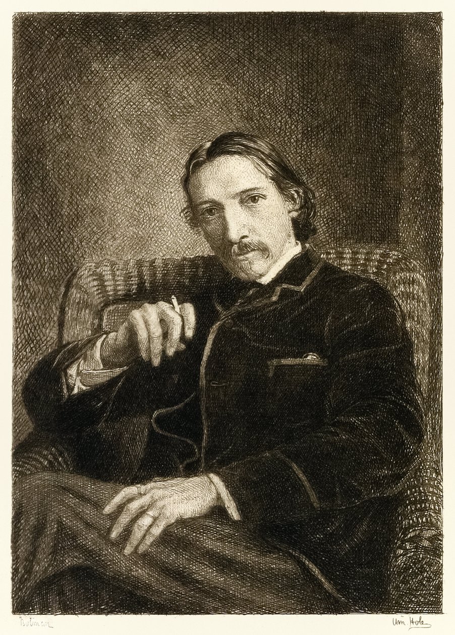 Robert Louis Stevenson (1850-1894), brittiläinen kirjailija, joka tunnetaan parhaiten myydyistä kirjoistaan Treasure Island, Kidnapped and the Strange Case of Tri Jekyll and Mr Hyde. Kuvitus William Brassey Hole (1 tekijältä William Brassey Hole