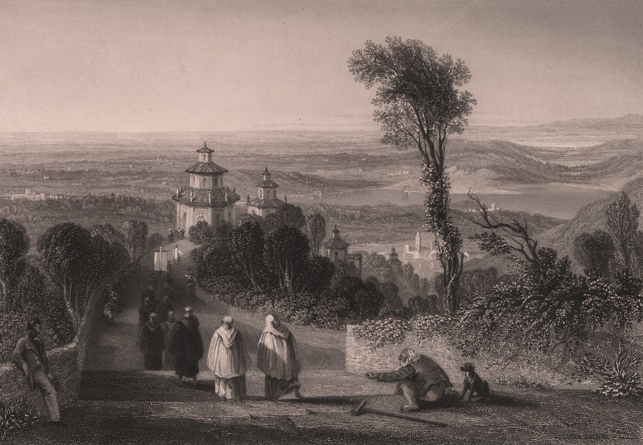 Näkymä Sacro Montesta (Pyhä vuori) Varesessa, Lombardiassa, Italiassa, T Willmoren teräskaiverrus William Brockedonin (1787-1854) piirustuksesta, n. 23x18 cm tekijältä William Brockedon