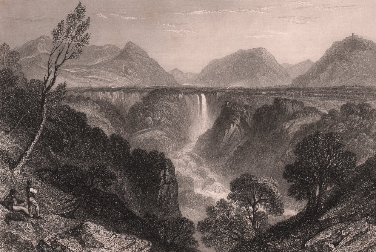 Näkymä Marmoren putouksille (Cascata delle Marmore) lähellä Terniä, Umbria, Italia, teräskaiverrus James Tibbitts Willmore (1800-1863) William Brockedonin (1787-1854) piirtämänä, noin 23x18,5 cm tekijältä William Brockedon