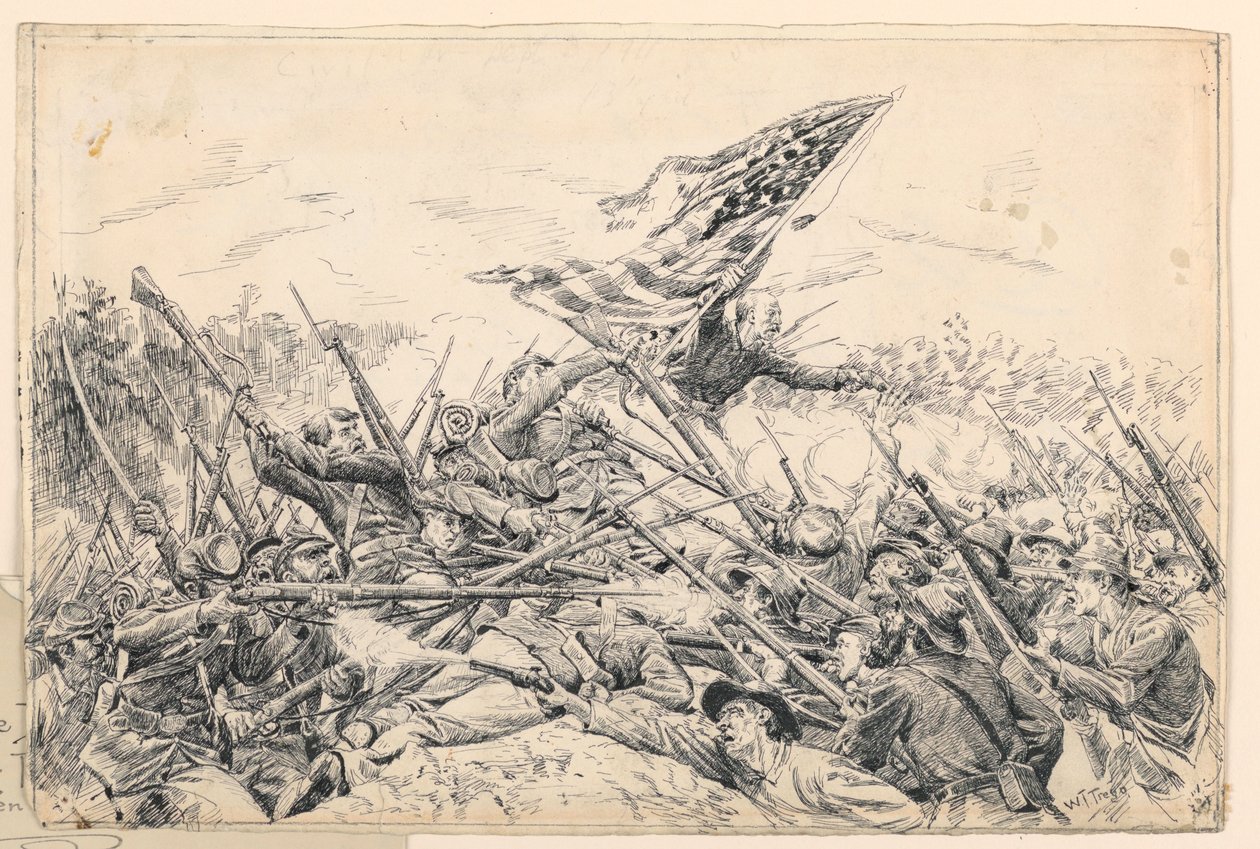 Piirros, Hancockin joukkojen hyökkäys "Verisessä kulmassa", 1887. tekijältä William Brooke Thomas Trego