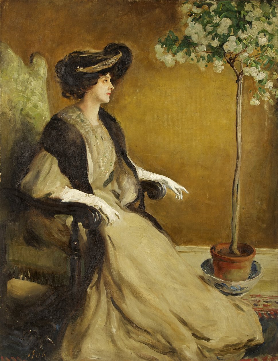 Ms Patrick Campbellin muotokuva (öljy kankaalle) tekijältä William Bruce Ellis Ranken