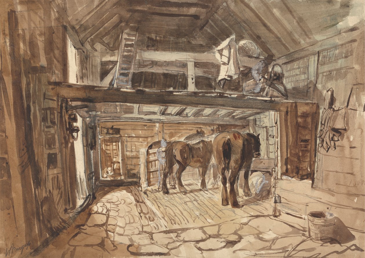 Tallin sisätilat, jossa hevosten ruokinta tekijältä William Burgess