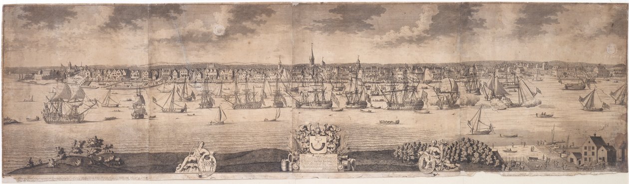 South Prospect of Ye Flourishing City of New York New Yorkin maakunnassa Amerikassa, kaiverrettu John Harris, 1717-18 tekijältä William Burgis