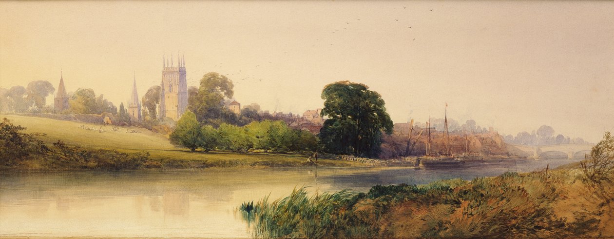 Kesäilta Avonilla Eveshamissa, n. 1870-1880 (lyijykynä ja akvarelli) tekijältä William Callow