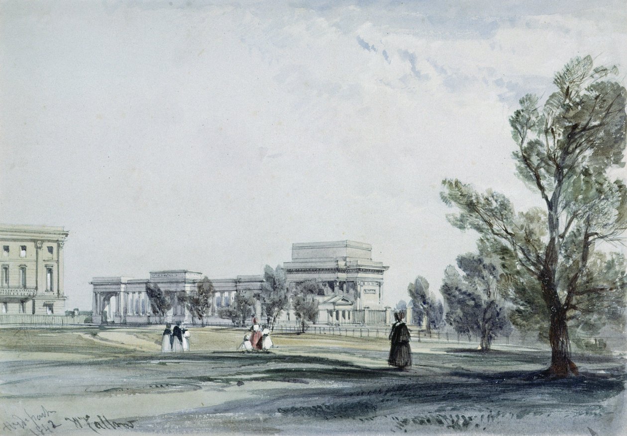 Sisäänkäynti Hyde Parkiin Hyde Park Cornerissa tekijältä William Callow