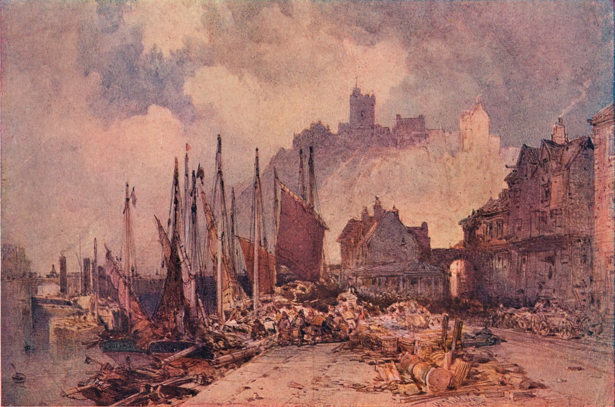 Kalamarkkinat laiturilla, Folkestonen satama, c1885 tekijältä William Callow
