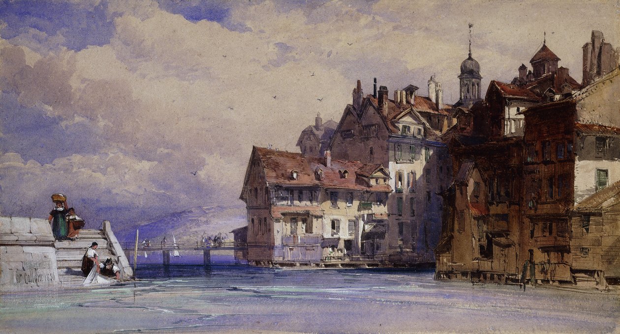 Vanhat talot Rhône-joella Genevessä, 1856 tekijältä William Callow