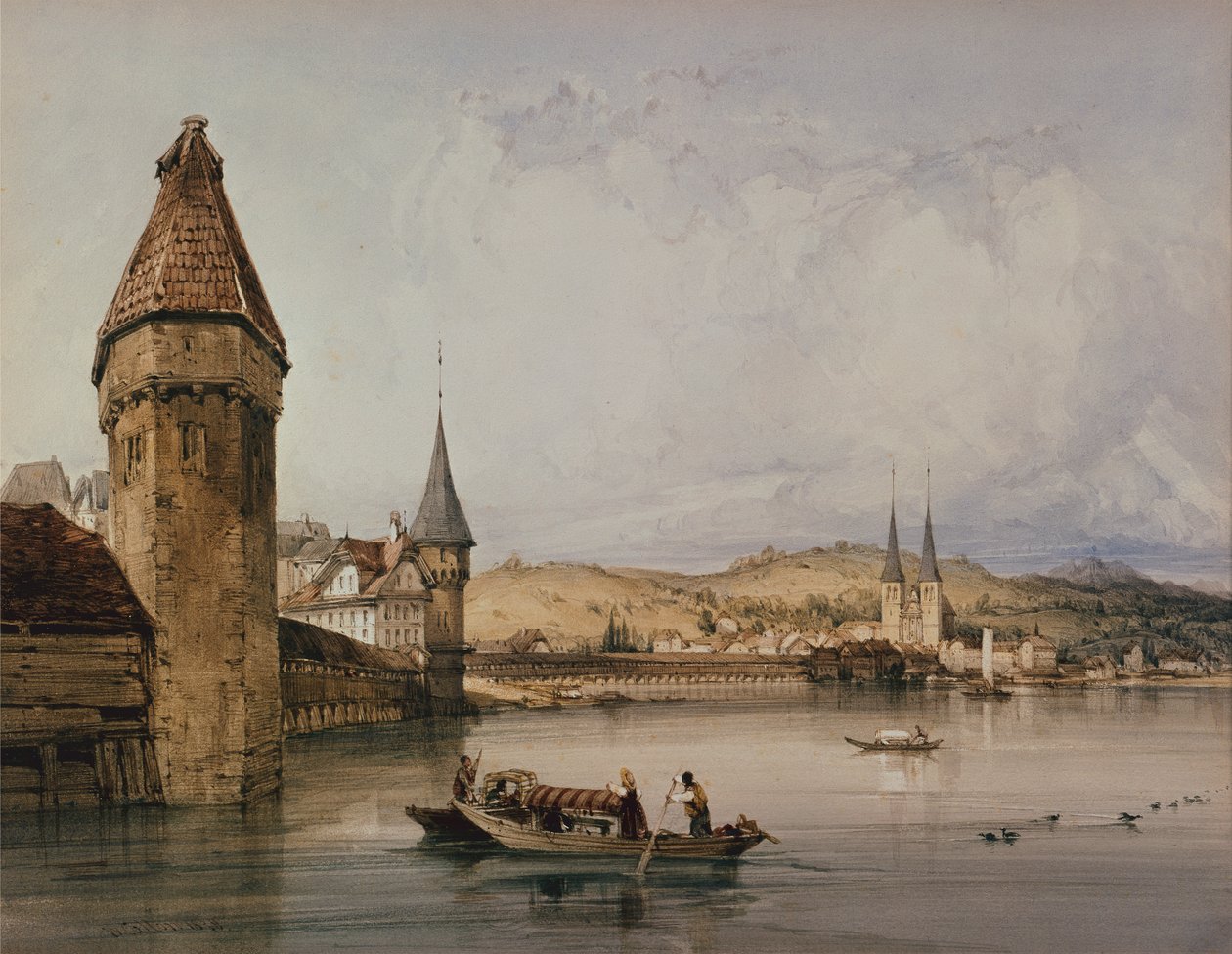 Luzernin kaupunki Quatre Cantons -järven rannalla tekijältä William Callow