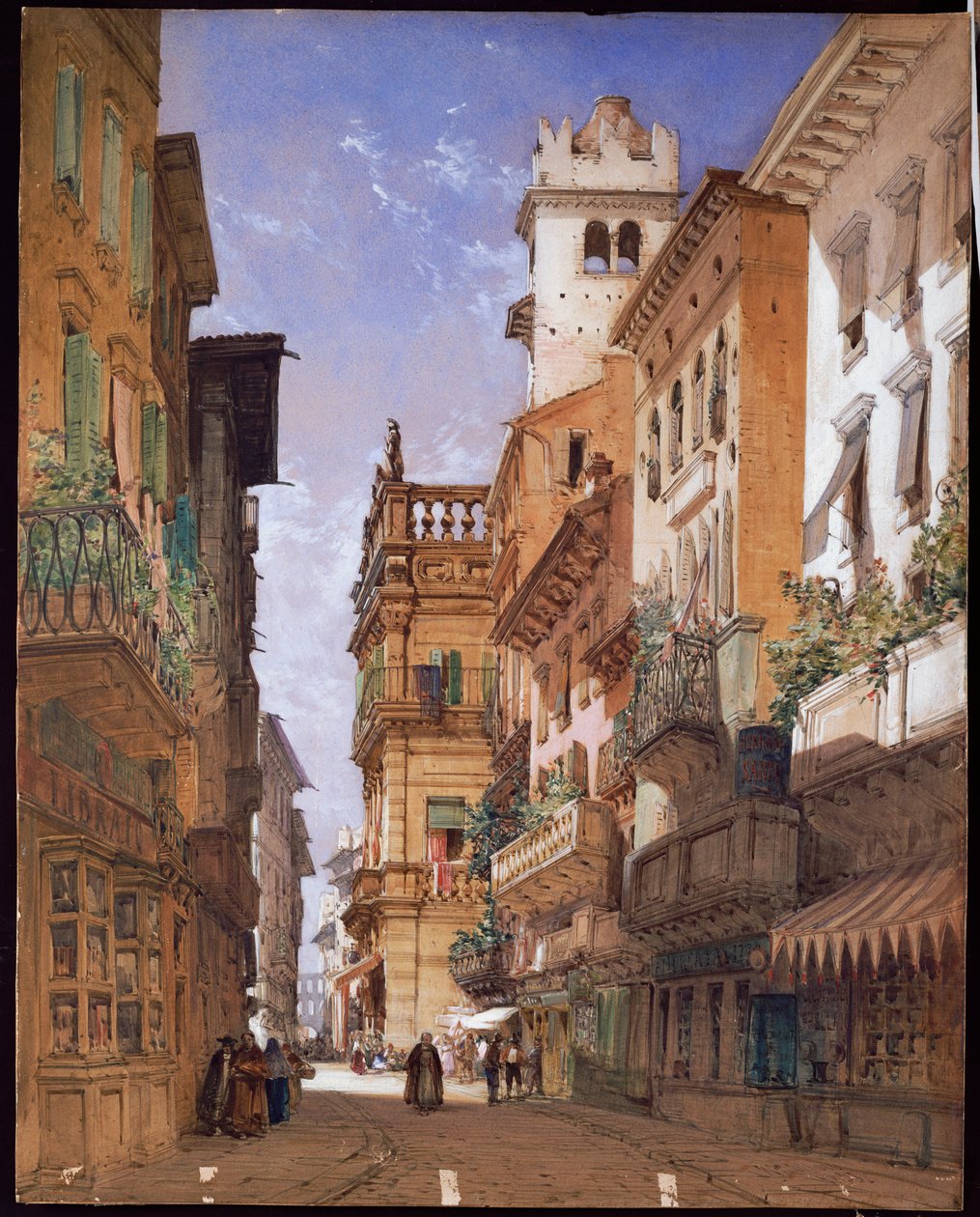 Verona: Corso Sant "Anastasia ja Palazzo Maffei, 1855 tekijältä William Callow