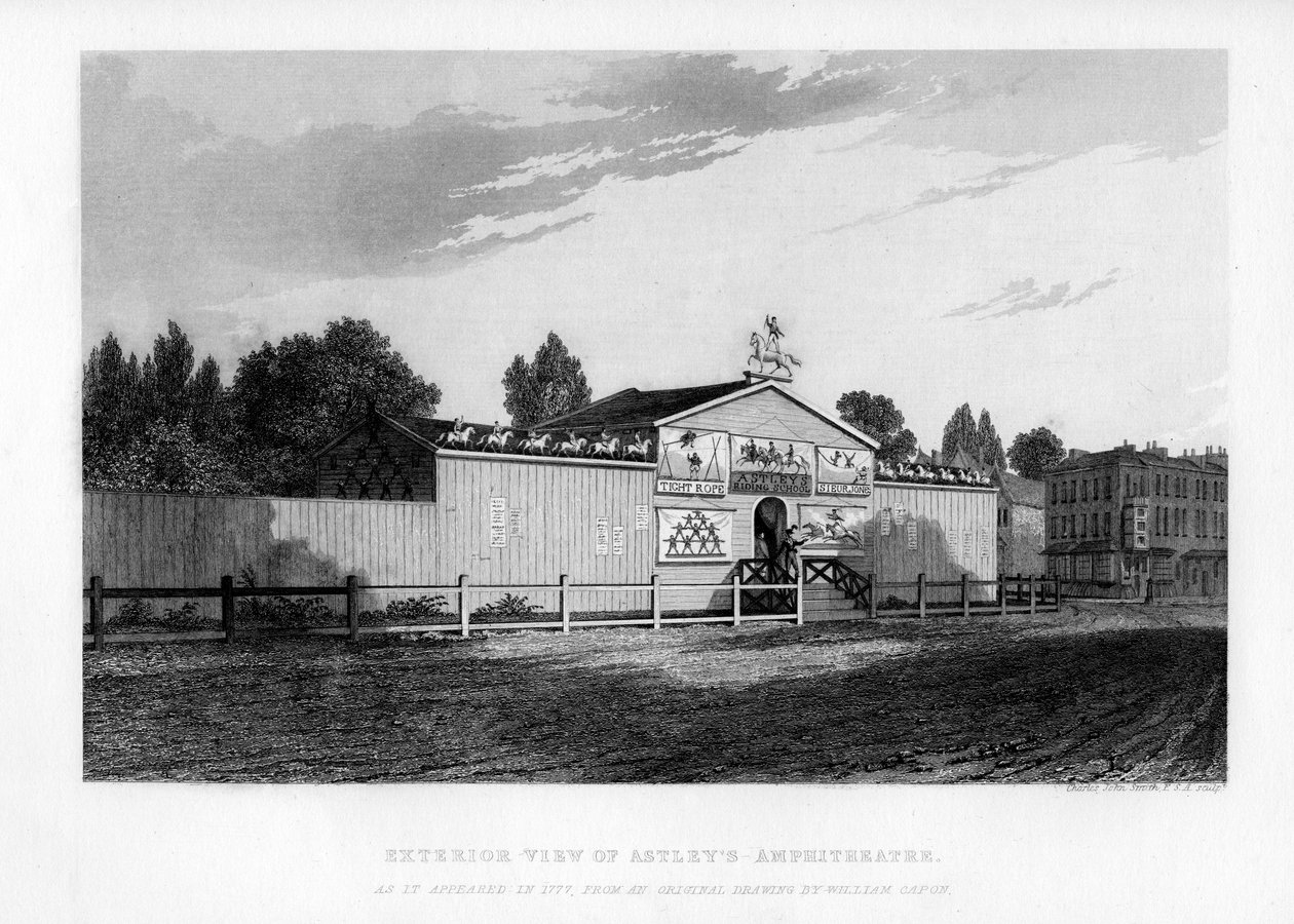 Ulkokuva Lontoon Astleys Amphitheaterista sellaisena kuin se esiintyi vuonna 1777, 1840 tekijältä William Capon