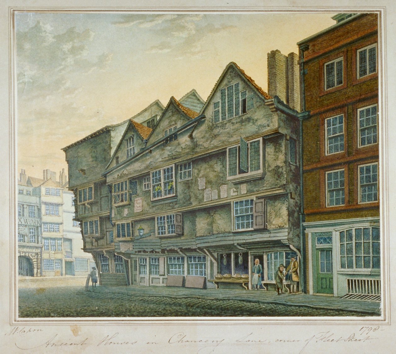 Talot Chancery Lanen ja Fleet Streetin kulmassa Lontoon Cityssä, 1798 tekijältä William Capon