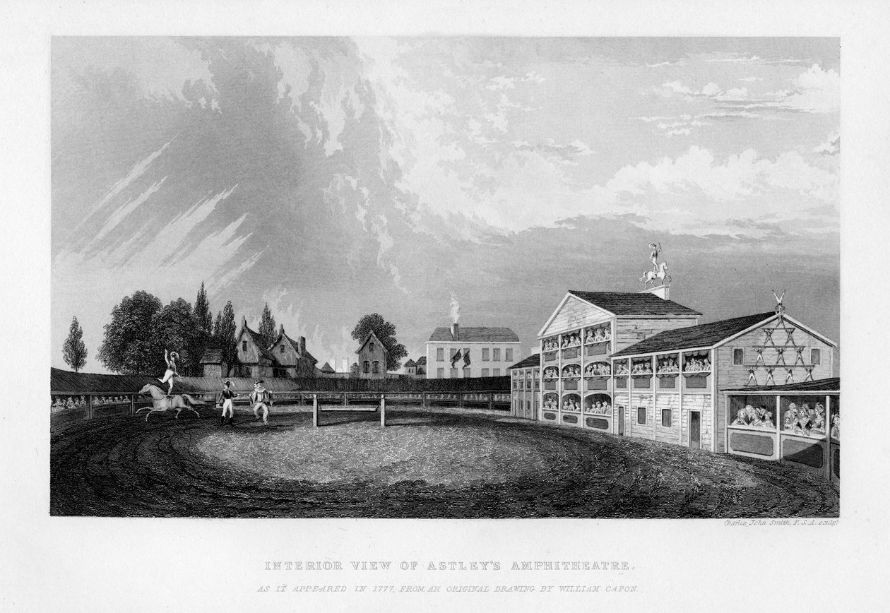 Sisäkuva Lontoon Astleys Amphitheaterista, sellaisena kuin se esiintyi vuonna 1777, 1840. tekijältä William Capon