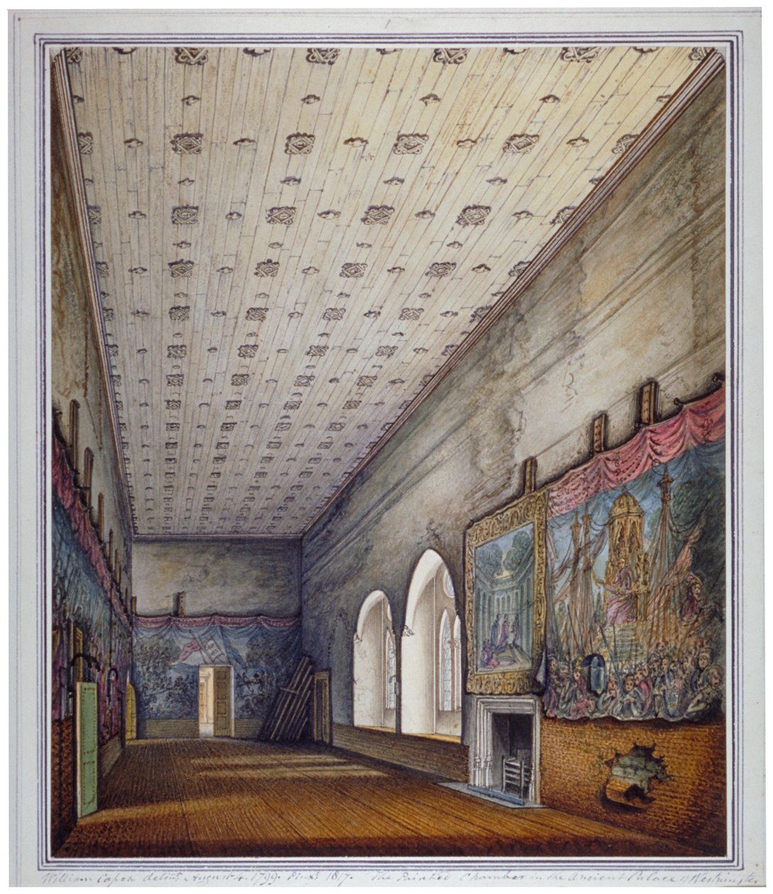 Sisäkuva Painted Chamberista, Westminsterin palatsi, Lontoo, 1817. tekijältä William Capon