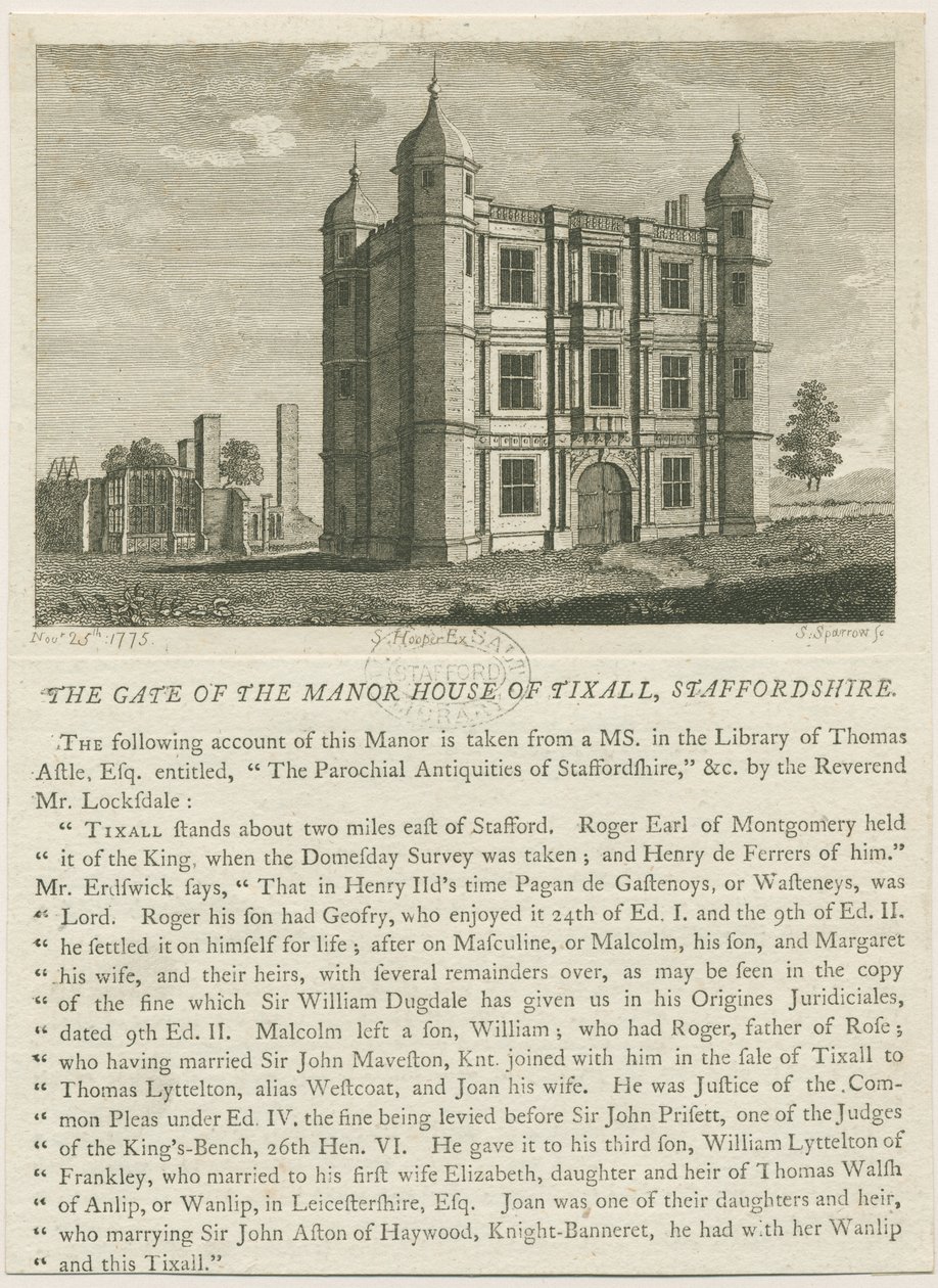 Tixall Hall - Gatehouse: kaiverrus, nd [c 1813] (tulostus) tekijältä William Carter