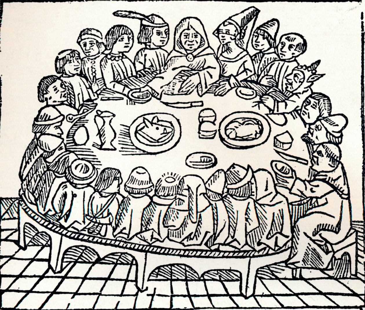 Canterburyn pyhiinvaeltajat istumassa yhteiselle aterialle, 1485 tekijältä William Caxton