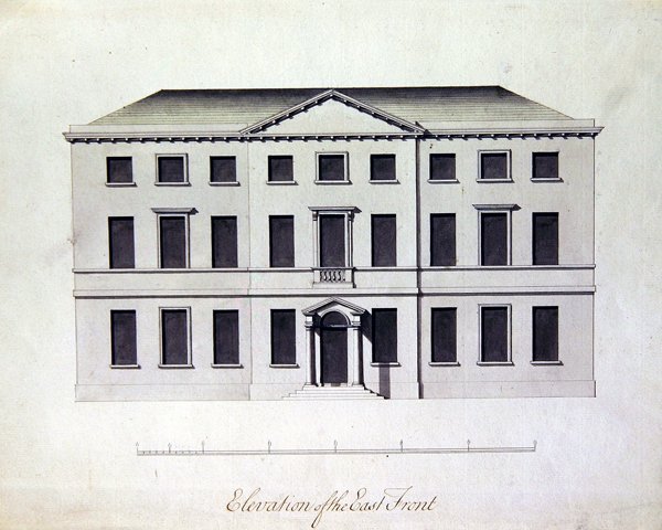 Suunnittelu Enville Halliin Staffordshiressa, n. 1770 (kynä ja muste harmaasinisillä pesuaineilla) tekijältä William Chambers