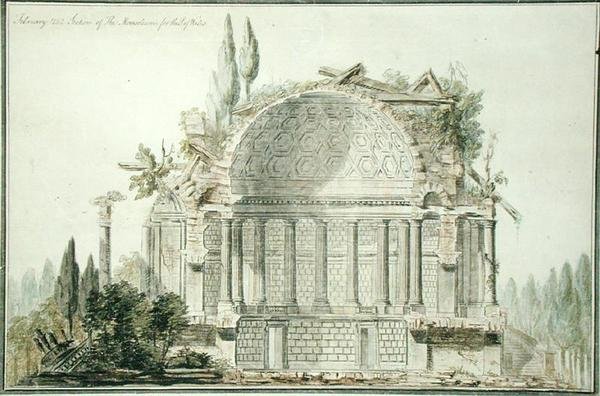 Suunnittelu raunioituneelle mausoleumille Walesin prinssille (1738-1820) 1752 (kynä, muste ja akvarelli paperille) tekijältä William Chambers