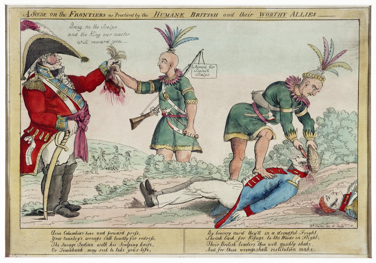 A Scene on the Frontiers inhimillisten brittien ja heidän arvoistensa liittolaistensa harjoittamana pubi. 1812 (käsinvärinen kaiverrus) tekijältä William Charles