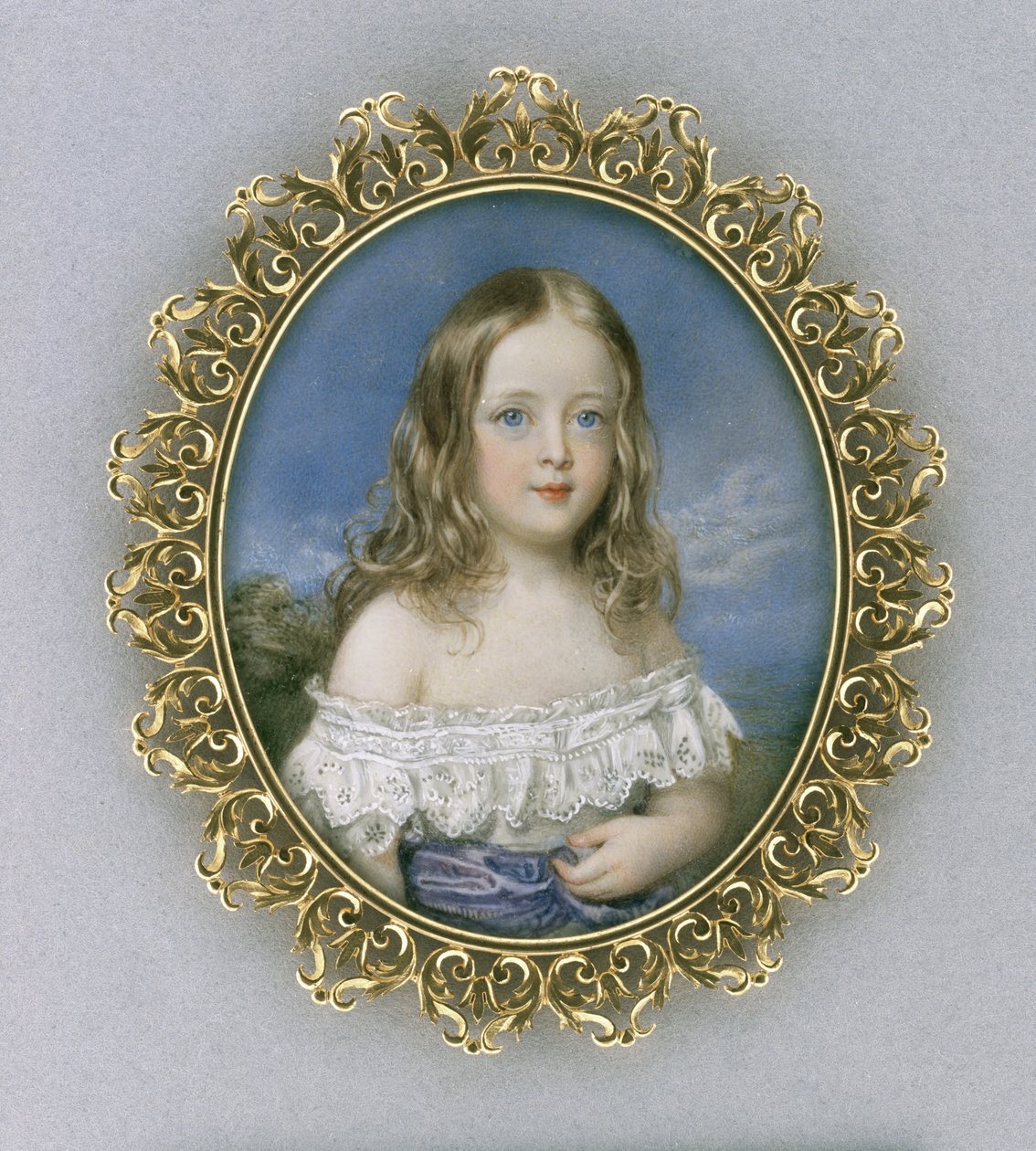 Caroline Holland, n. 1840 (akvarelli norsunluun, kullattu, sametti, silkki & lasi) tekijältä William Charles Ross