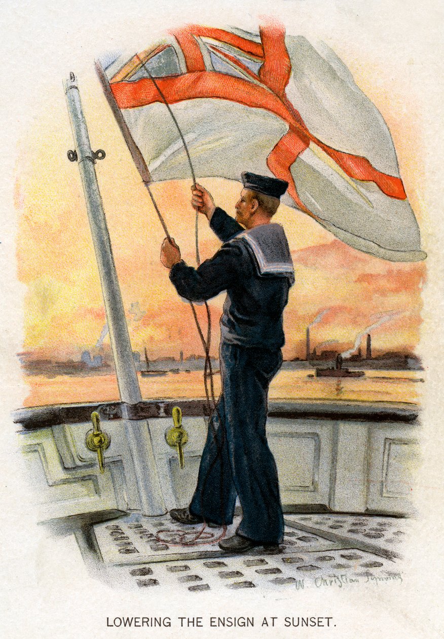 Lipun laskeminen auringonlaskun aikaan, c1890-c1893. tekijältä William Christian Symons