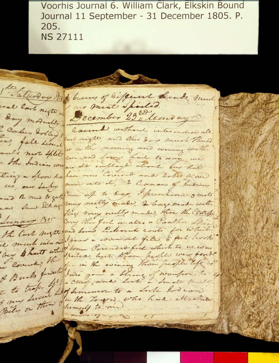 Clark Family Collection- nide 6. Elkskin Journal, sivu 205, 22.-23. Joulukuuta 1805 tekijältä William Clark
