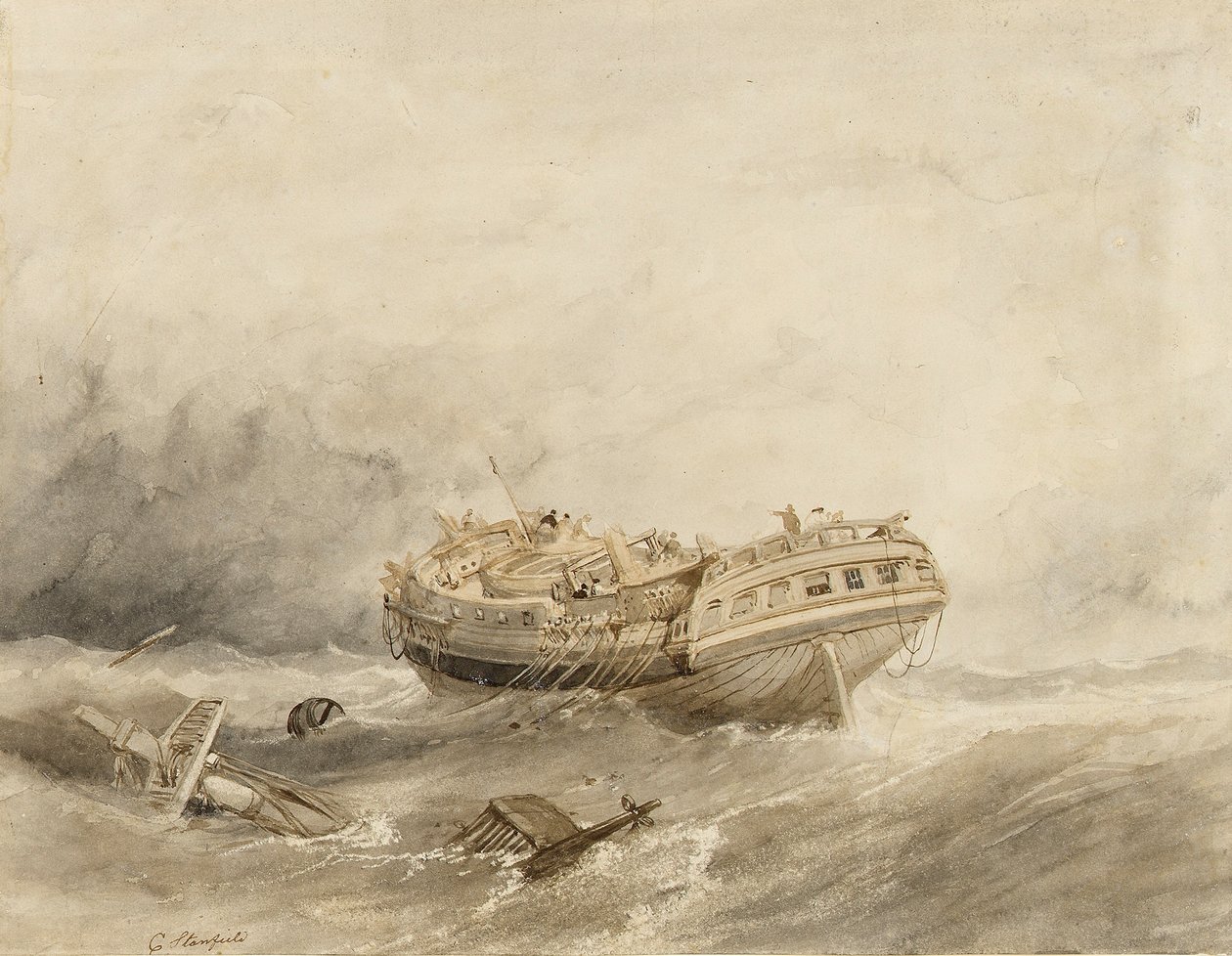 Kauppalaiva suistuu raiteiltaan myrskyä seuraavassa tyynessä säässä. Clarkson Stanfieldin (1793-1867) akvarelli (34,4x44,5 cm). tekijältä William Clarkson Stanfield