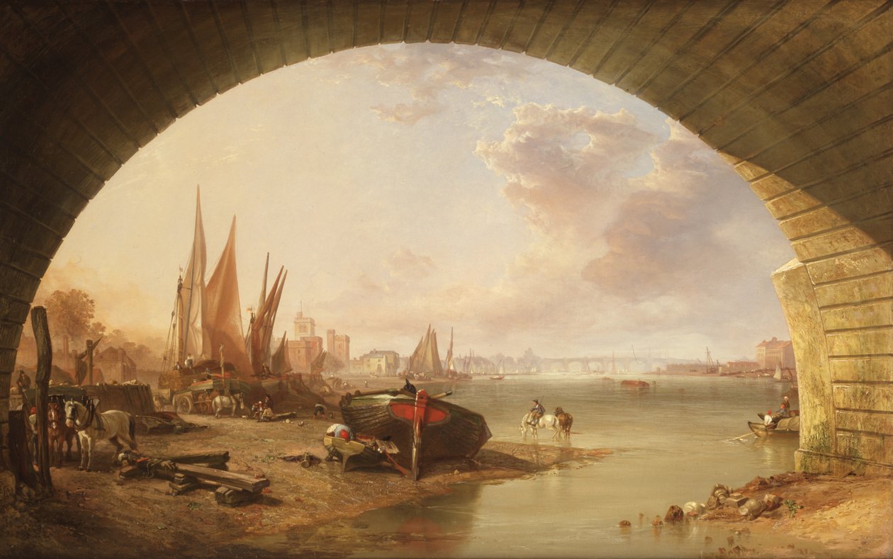 Vanha Vauxhallin silta Westminsterin sillan kaaren alta, noin 1845 (öljy kankaalle)) tekijältä William Clarkson Stanfield