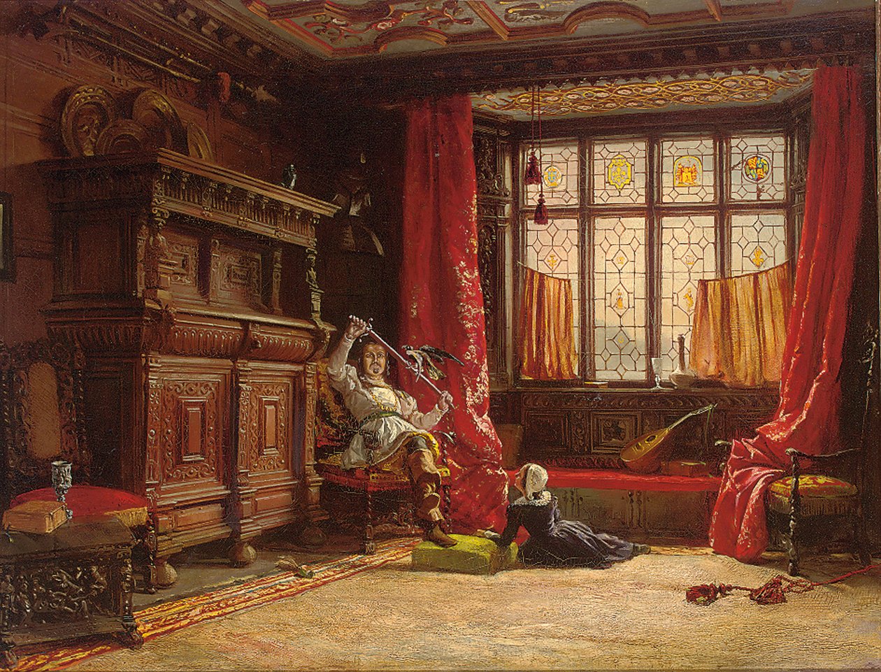 Kavalieri pimennetyssä sisustuksessa, lintu miekkassaan, 1843 tekijältä William Collingwood
