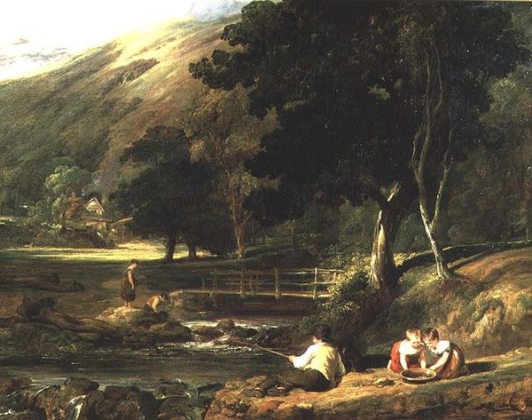 Borrowdale, Cumberland, lasten kanssa leikkimässä virralla tekijältä William Collins