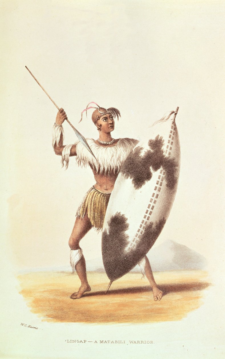 Lingap, Matabili Warrior, kuvitus W.C.n teoksesta "Wild Sports of South Africa" Harris, 1841 tekijältä William Cornwallis Harris