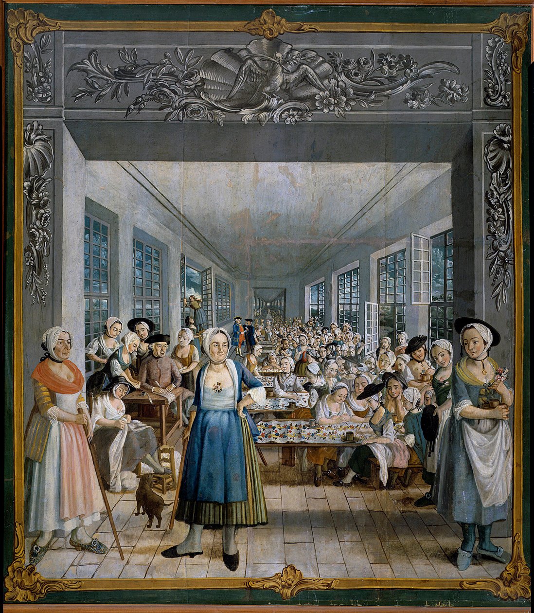 Wetter Brothers Indian Fabric Factory: Joseph Gabriel Rossettin työpajamaalaus (1700-luku). 1764 Orange, Musee Municipal - Wetterin veljien intialaisen kankaan valmistus: naistyöläisten työpaja. Joseph Gabriel Rossin maalaus tekijältä William Crawford