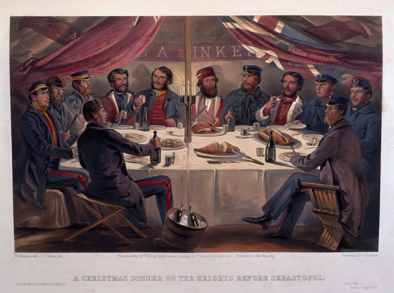 Jouluillallinen Sebastopolia edeltäneillä kukkuloilla, kaiverrettu J.A. Vinter, "The Seat of War in the East - First Series", julkaisija Colnaghi und Co., 1855 tekijältä William Crimea Simpson
